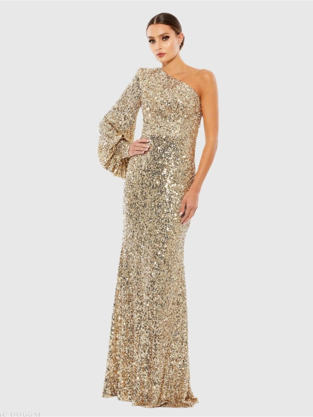 Gold Sequined One Shoulder Bishop Sleeve Trumpet Gown 26717